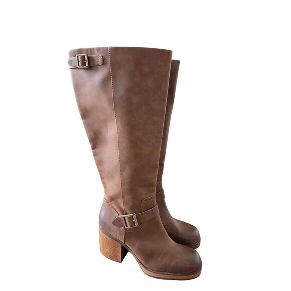Kork Knee High Boots Size 8.5 in Rustic Brown Buckle Detail Block Heel NEW - Picture 2 of 7